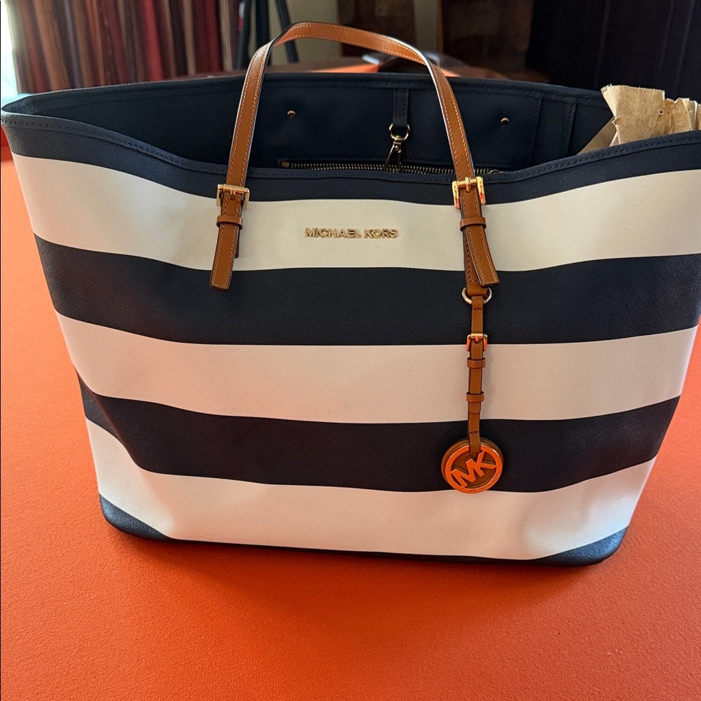 Michael Kors Navy and White Striped Tote with Tan Accents
